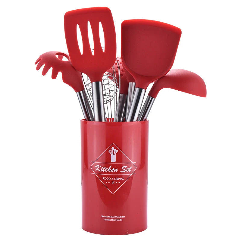 Premium silicone kitchen tool set with stainless steel handles, including various cooking and baking utensils
