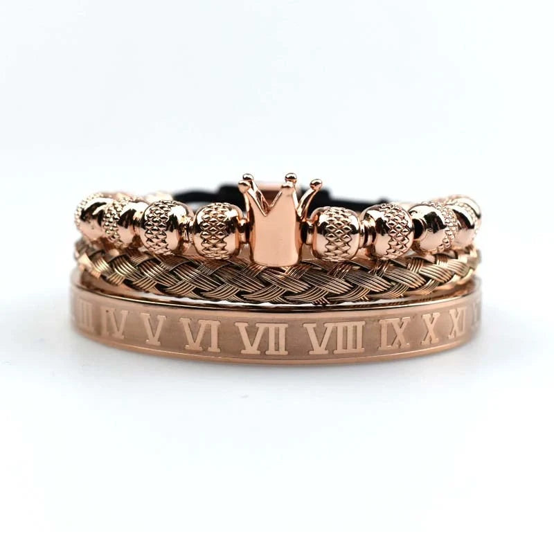 Men's stainless steel crown charm adjustable bracelet with zircon details