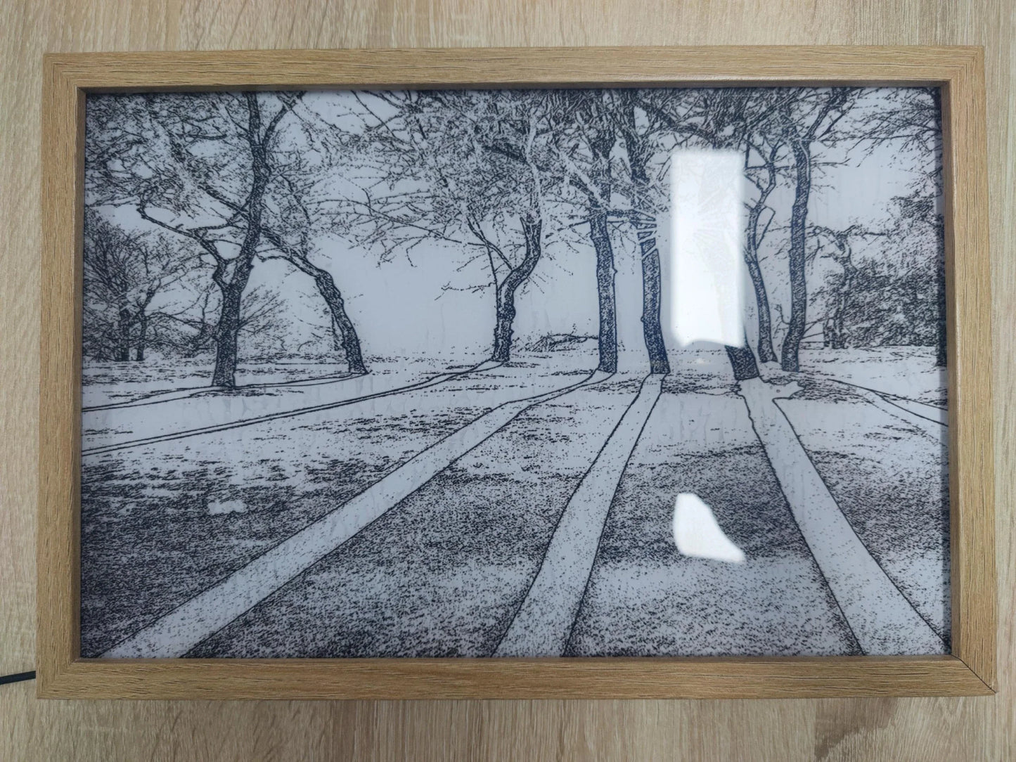 Illuminating LED picture light with customizable lighting modes, showcasing various nature scenes and cityscapes