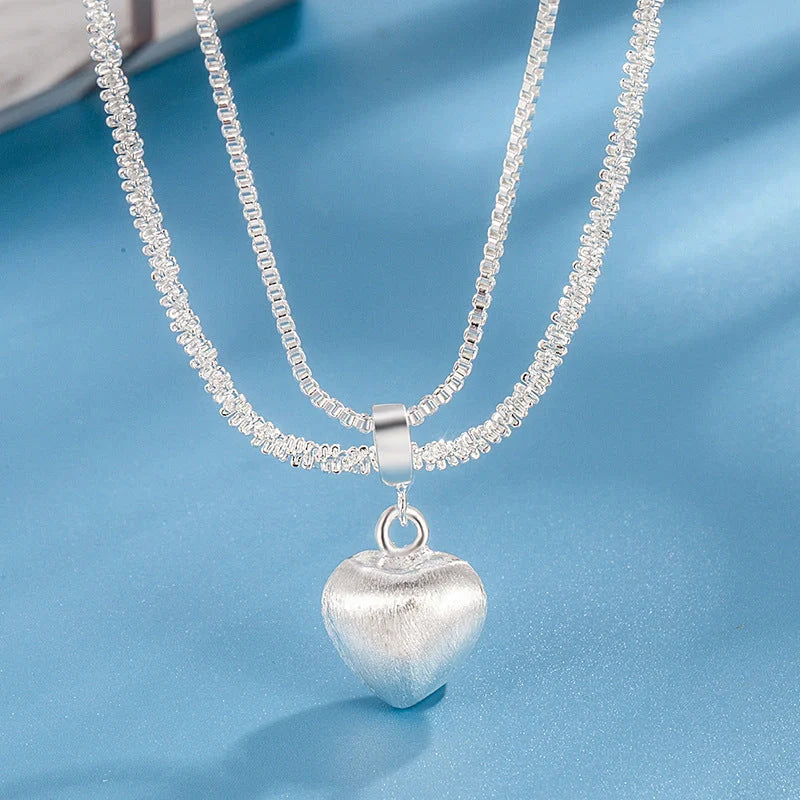 Double layer brushed heart pendant necklace with water wave chain for women
