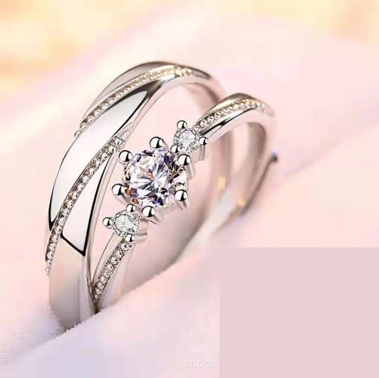 Adjustable Sterling Silver Couple Rings with geometric design and gold-plated inlay
