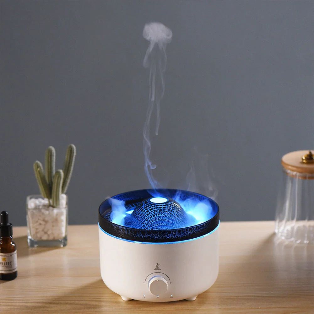Small simulated flame volcano humidifier with aroma diffuser and remote control
