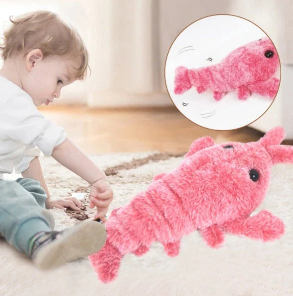 USB-rechargeable jumping lobster plush toy for cats with three tail-swinging modes and durable design