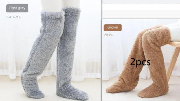 Cozy over-the-knee fuzzy socks in various colors, including brown, blue, dark gray, and pink purple