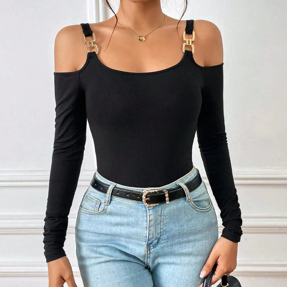 Stylish off-shoulder top with metal hook closure, long sleeves, and premium knitted fabric for modern British fashion