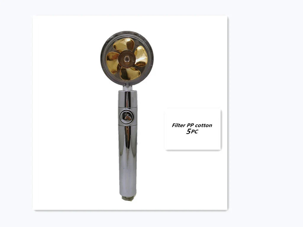 A high-pressure shower head with a stop button, cotton filter, and powerful water pressure for a luxurious bathing experience.