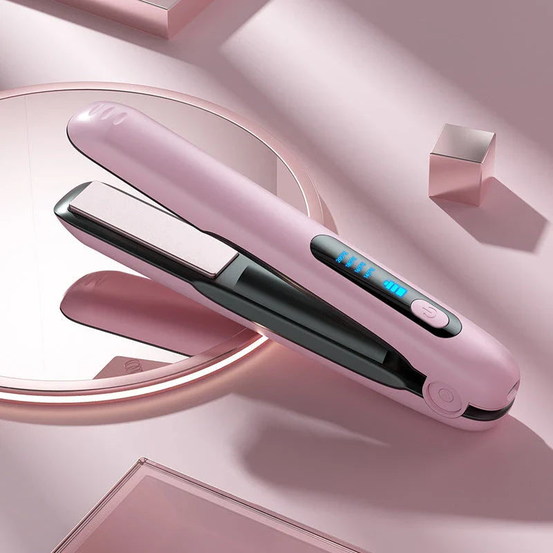 Cordless hair straightener and curler with adjustable temperature and long-lasting battery for on-the-go styling