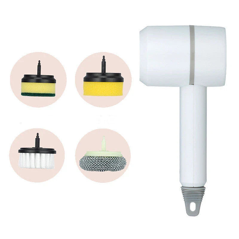 Powerful automatic cordless cleaning brush with interchangeable brush heads for cleaning kitchen, bathroom, and other surfaces