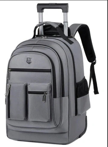 Durable, waterproof trolley backpack with single-directional wheel for smooth mobility and ample storage space for British travellers