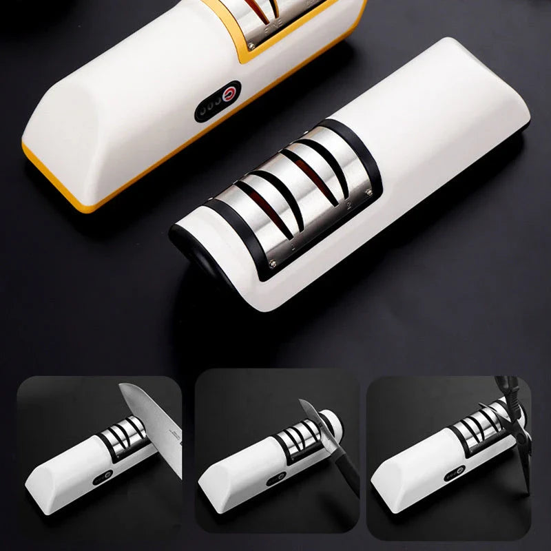 Premium electric knife sharpener with clear, soft-touch surface and precision grinding design for effortless blade sharpening