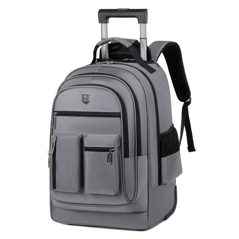 Durable, waterproof trolley backpack with single-directional wheel for smooth mobility and ample storage space for British travellers