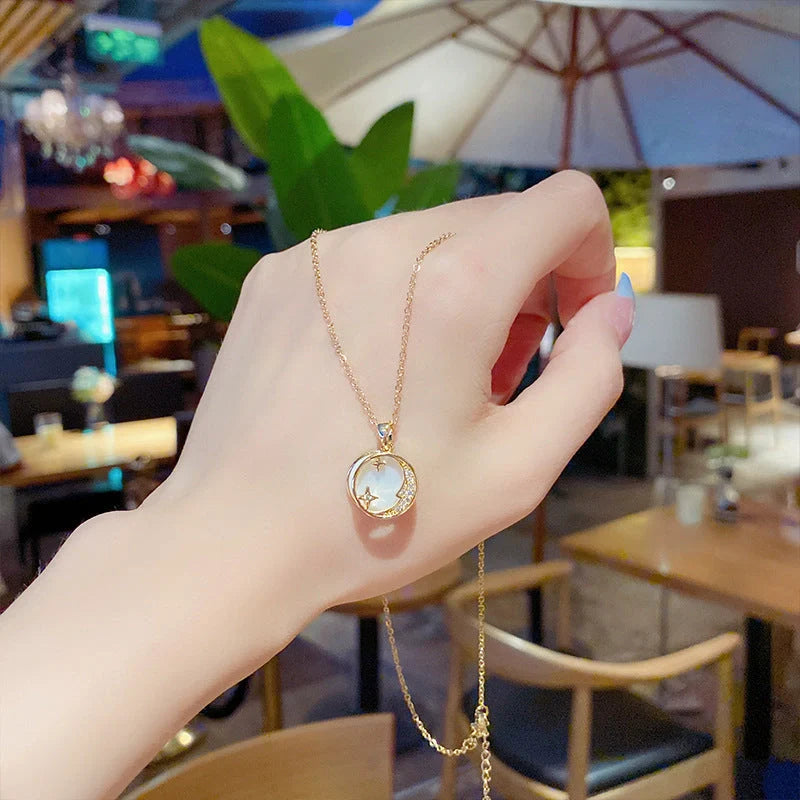 Design Star Moon Mother Shell Pendant Necklace in gold, silver, and copper options