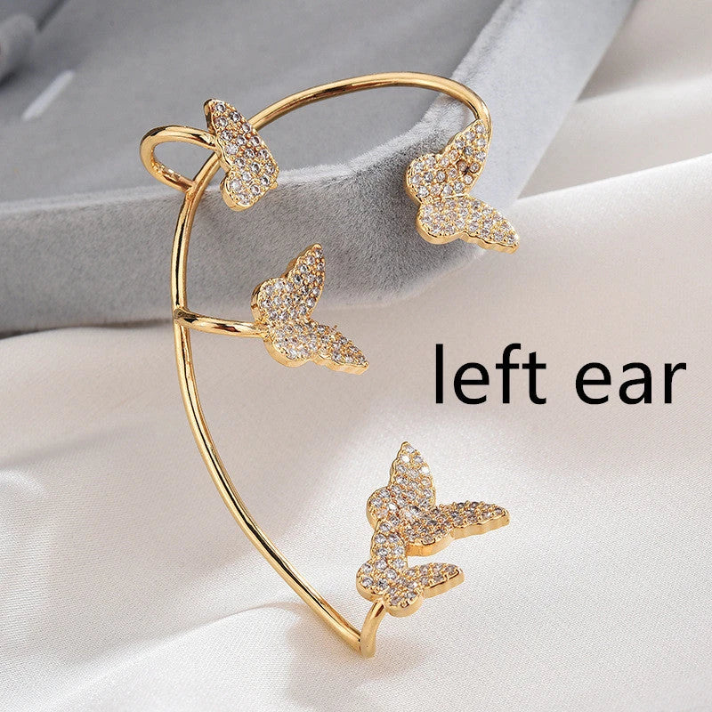 Sparkling butterfly-shaped ear cuffs with zirconia stones, available in gold and silver alloy finishes