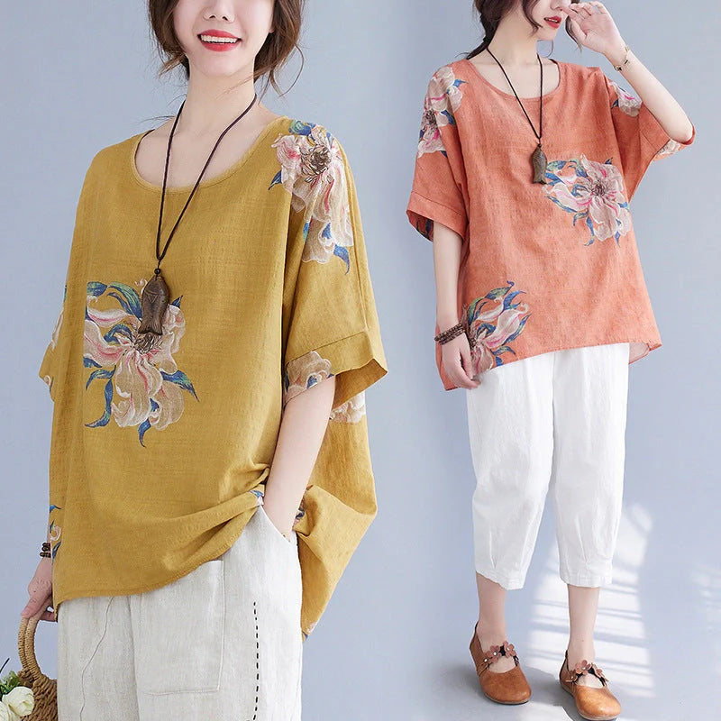 Stylish cotton-blend summer top in yellow and orange colours, featuring a conventional sleeve design and premium natural fabrics