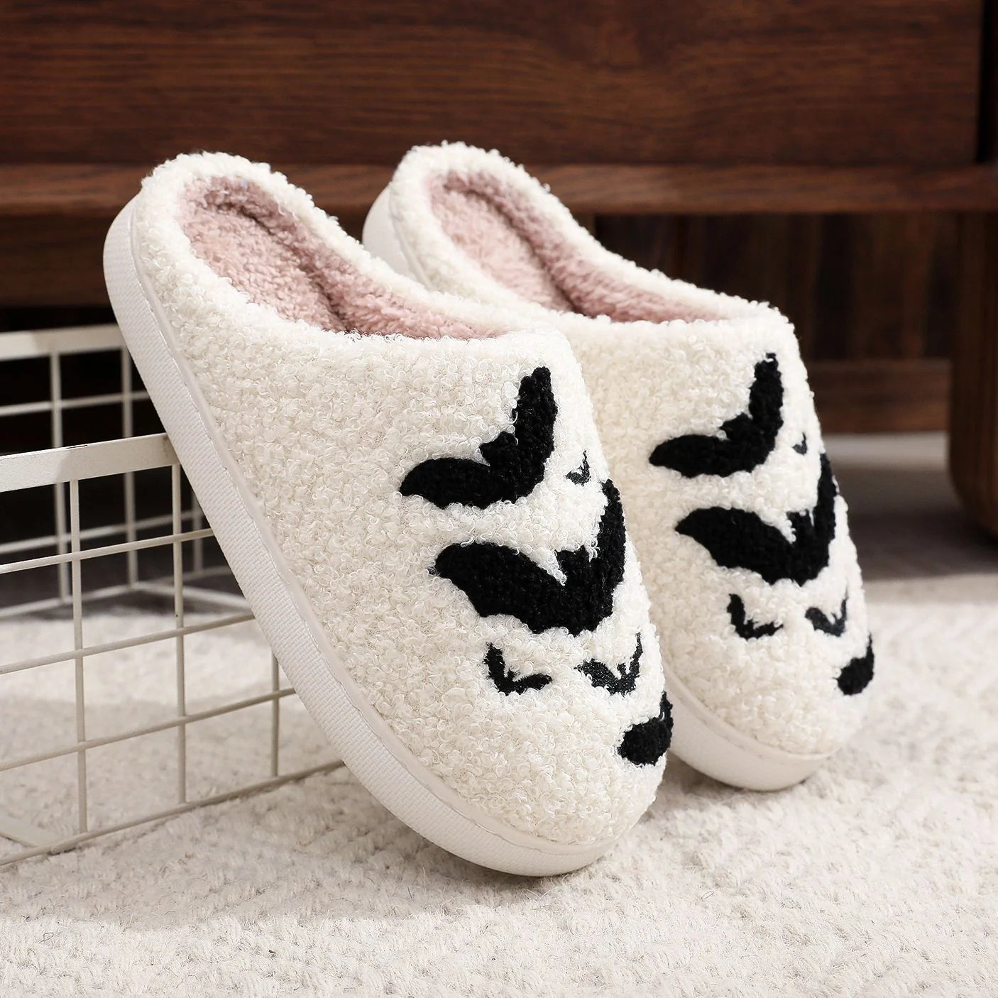 Cosy Bat Slippers for Halloween - Soft Plush Unisex House Shoes in black and white