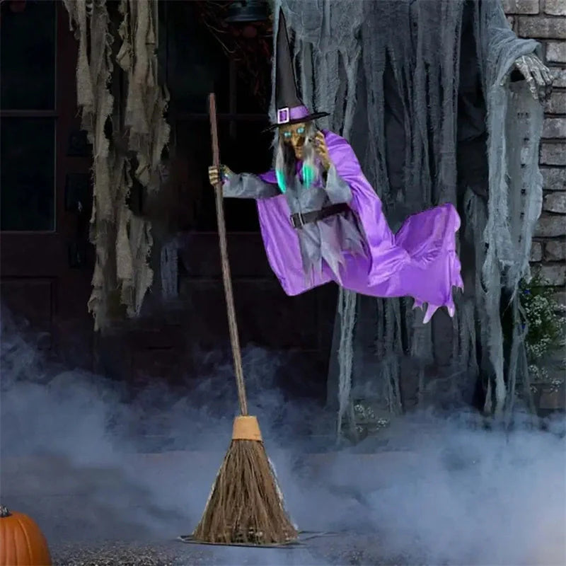 Captivating 6-foot-tall floating witch decoration with lifelike face and dramatic purple skirt, perfect for spooky Halloween displays