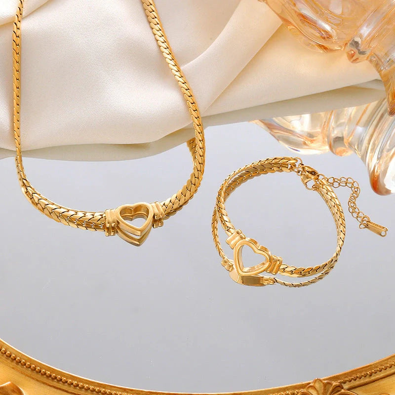 Personalised love chain necklace and bracelet set in titanium steel with heart-shaped design
