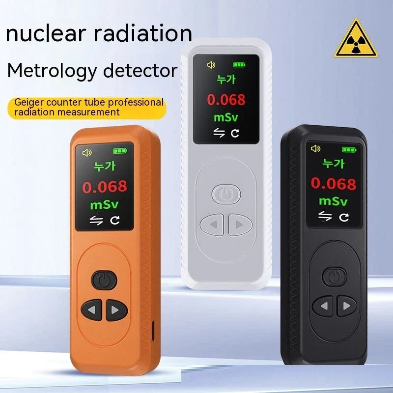 Portable nuclear radiation detector with TFT color display, G-M tube, and adjustable alarm settings for precise radiation monitoring