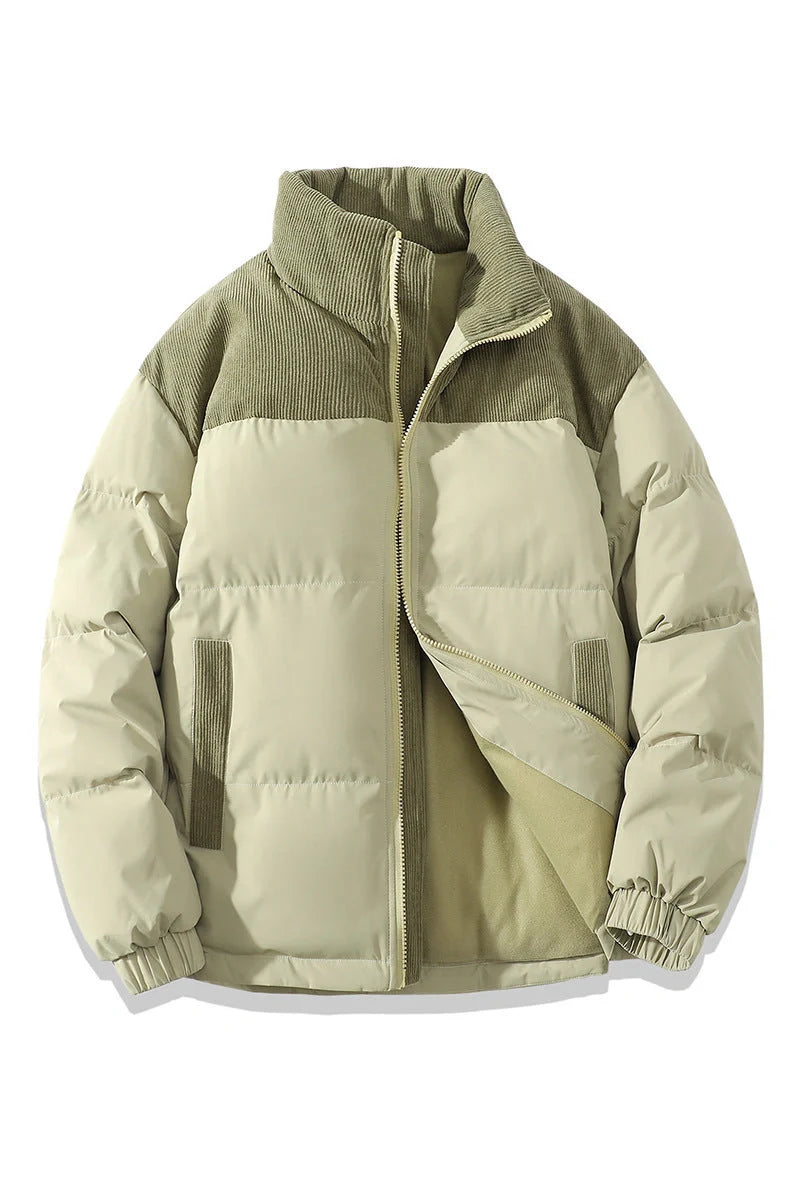 A stylish padded winter coat with contrast-coloured accents, designed for both men and women to stay warm and look fashionable.