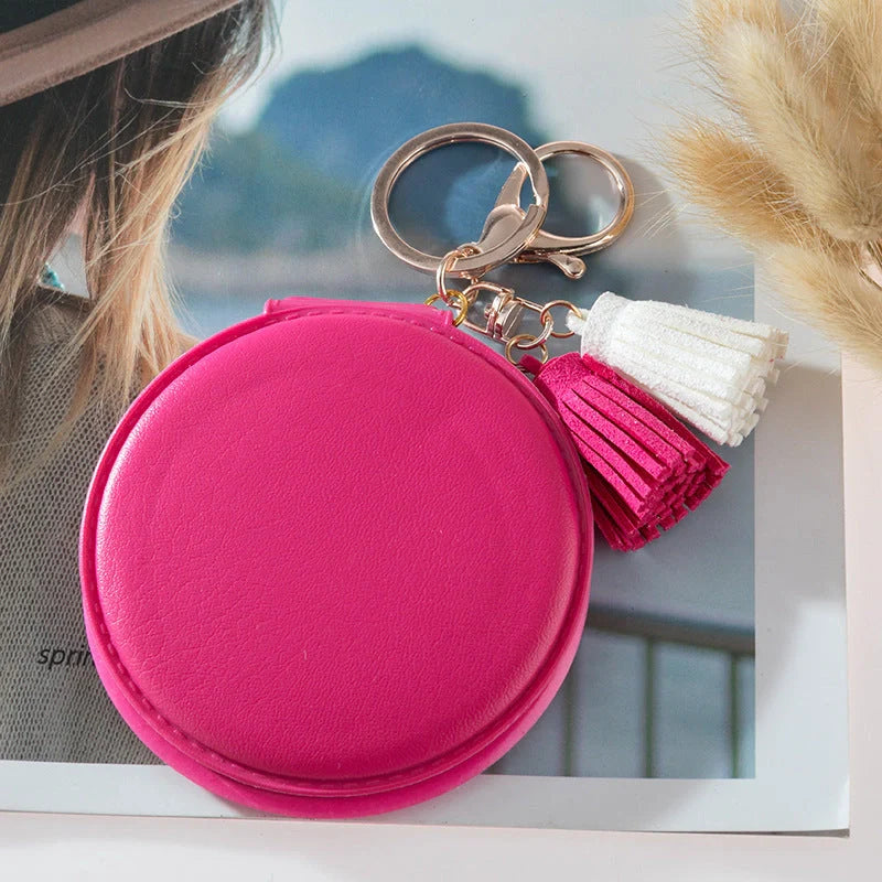 Mini round PU leather small mirror with lovely tassel in various colours