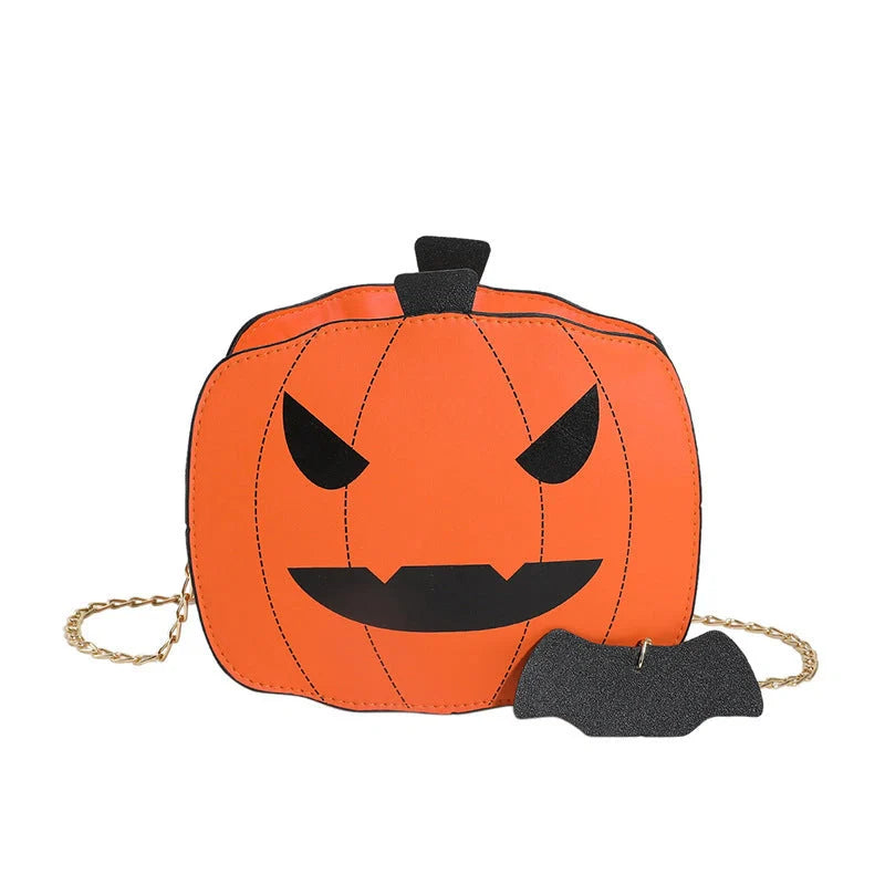 Enchanting Halloween pumpkin-themed shoulder bag in various colours, featuring an adjustable chain strap and trendy urban style