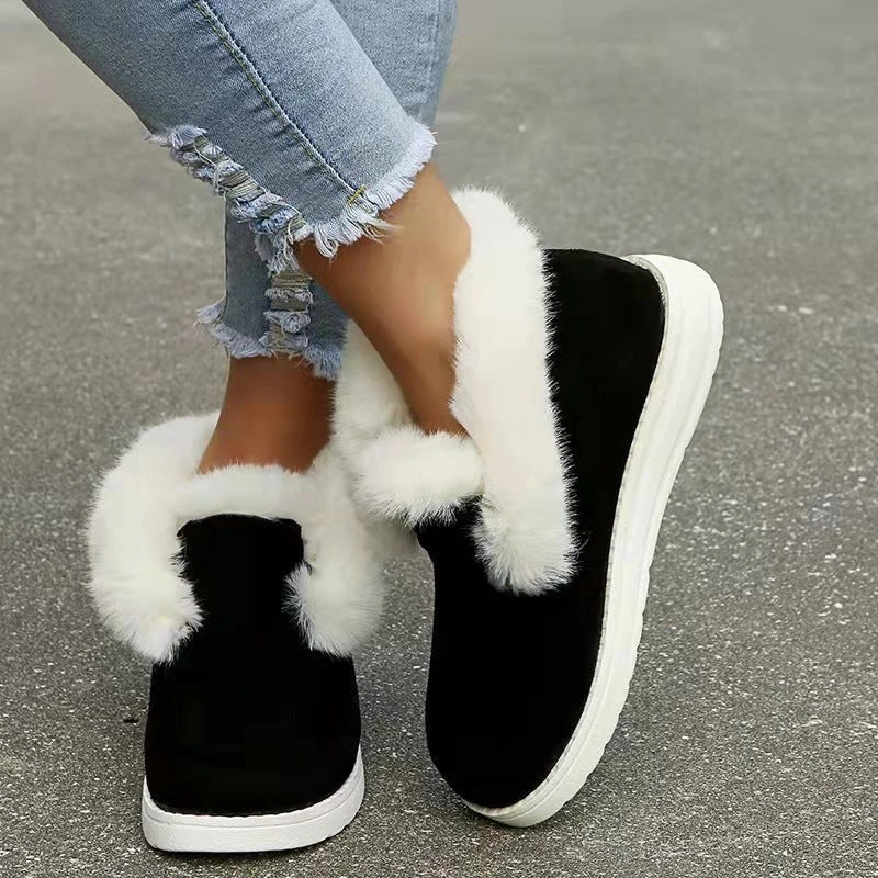 Warm plush ankle boots with suede uppers and artificial fur lining, available in black, grey, and brown colors.