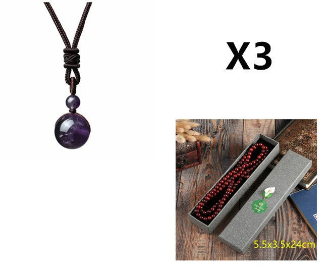 Stylish 16mm Natural Obsidian and Amethyst Pendant Necklace for Women and Men