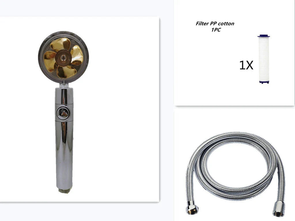 A high-pressure shower head with a stop button, cotton filter, and powerful water pressure for a luxurious bathing experience.