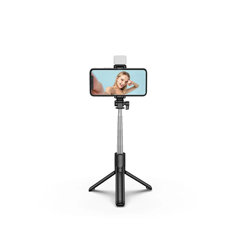 Premium Bluetooth Selfie Stick with 360-degree Rotation, Integrated Tripod, and Fill Light for iOS Devices