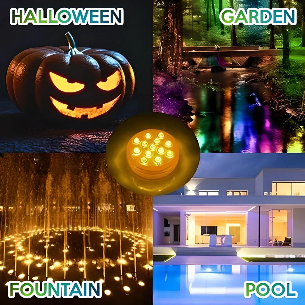 Vibrant RGB waterproof underwater lights with remote control for pools, spas, ponds and other outdoor features