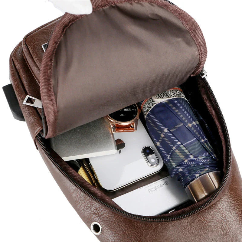 Stylish USB charging messenger bag with wear-resistant fabric, headphone jack, and spacious front pocket for modern, tech-savvy individuals