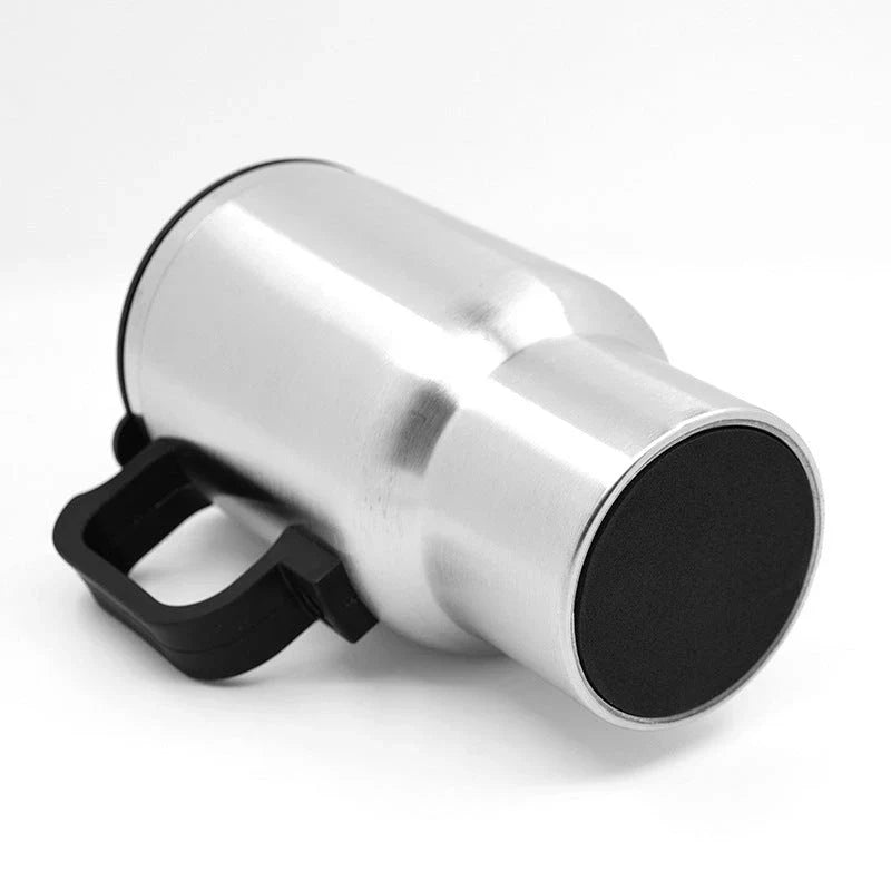 Portable stainless steel car kettle with 12V heating element and vacuum insulation for keeping drinks hot on the go