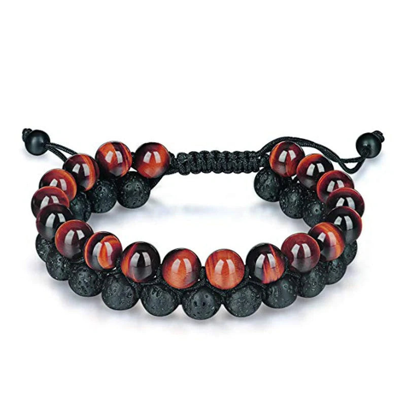 Matte black agate beads and tiger eye couple bracelets with geometric design