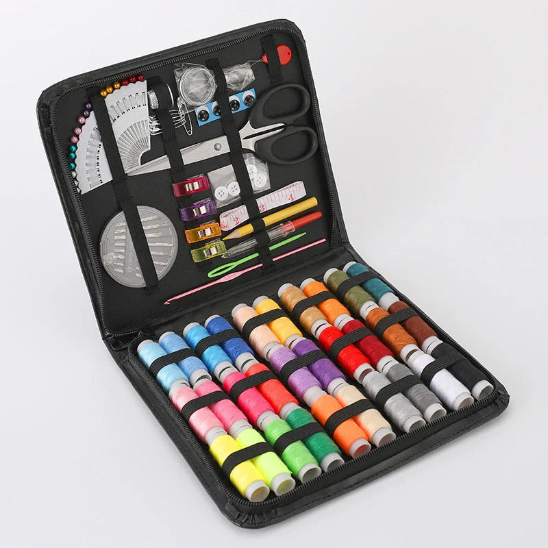 Compact home sewing kit with 98 accessories including needles, threads, scissors, and more