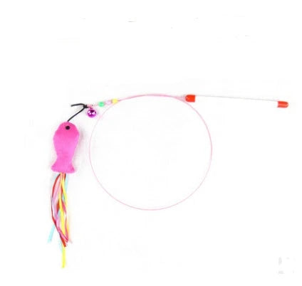 A handcrafted cat toy made from solid wood and natural materials, featuring a feather-on-a-stick design to captivate and engage your feline friend.
