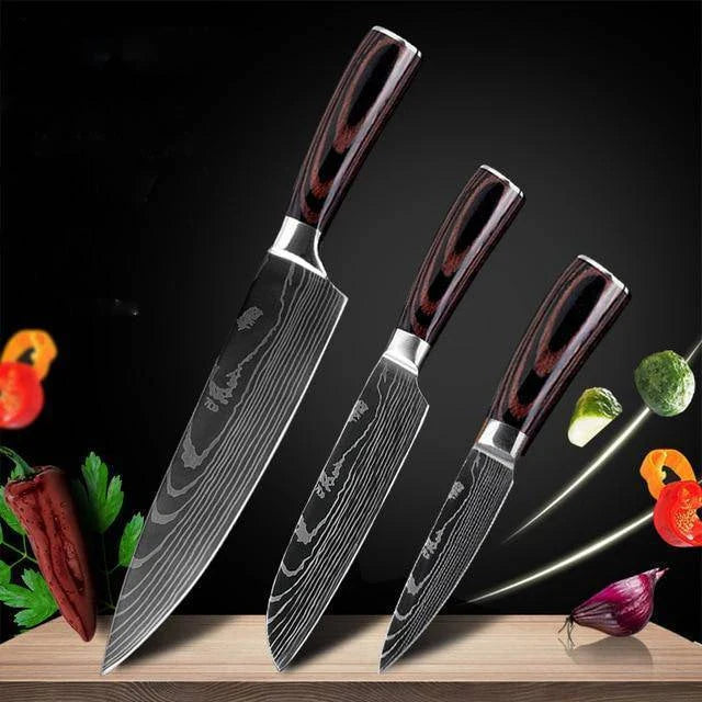 Premium 8-Piece Damascus Steel Kitchen Knife Set with Razor-Sharp Blades and Ergonomic Wooden Handles