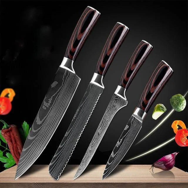 Premium 8-Piece Damascus Steel Kitchen Knife Set with Razor-Sharp Blades and Ergonomic Wooden Handles