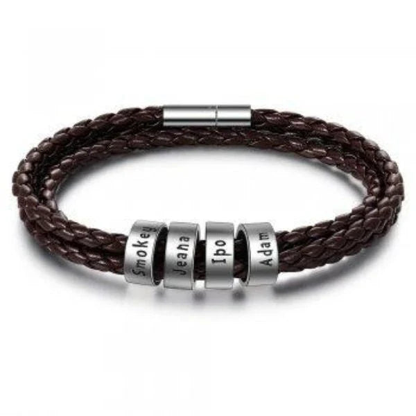 Personalized Leather Bracelet with Engraved Name Charm in Black and Brown Colors