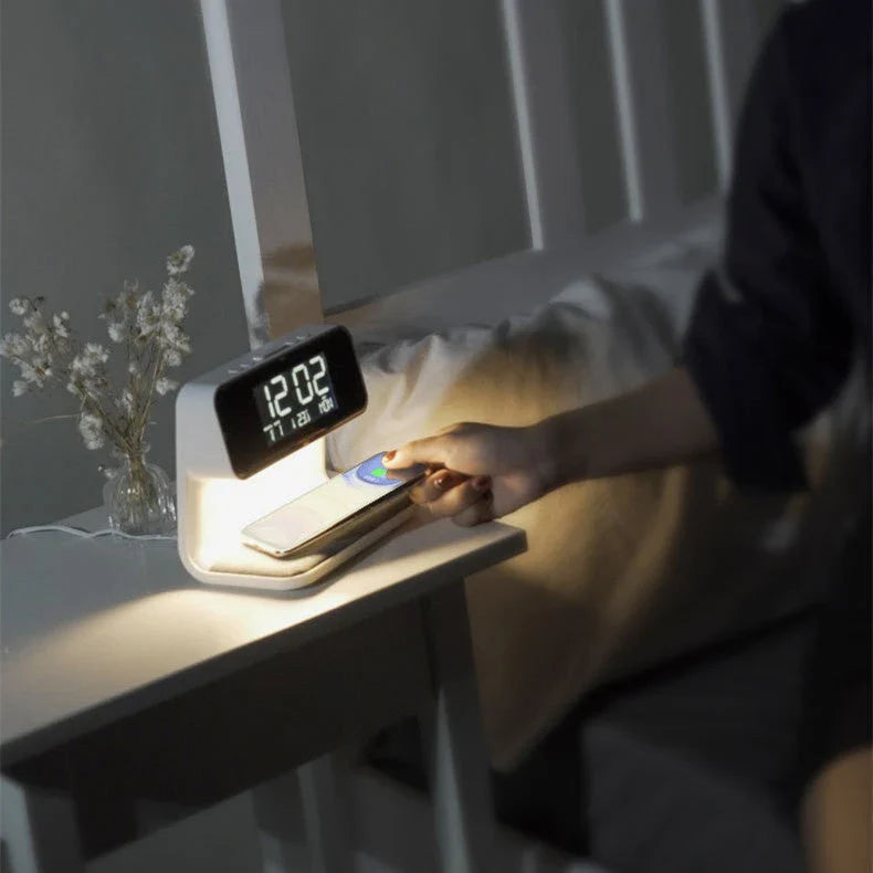 3-in-1 Wireless Charging Bedside Lamp with Adjustable LED Lighting, Alarm Clock, and Wireless Charging Pad