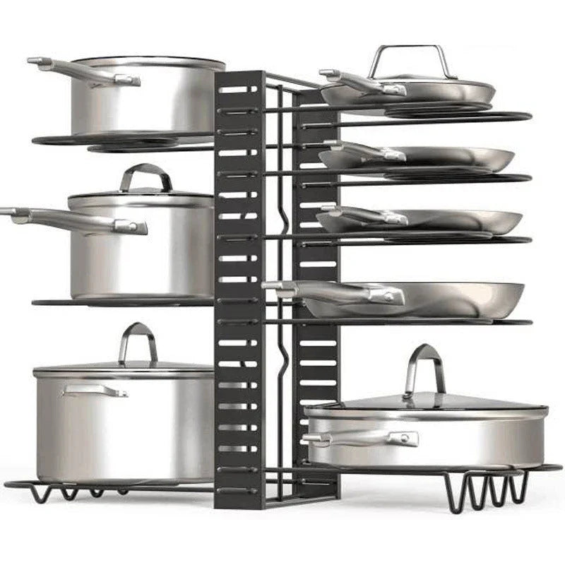 Sturdy 8-tier kitchen organiser shelf in black, featuring adjustable shelves for pots, pans, and tableware storage