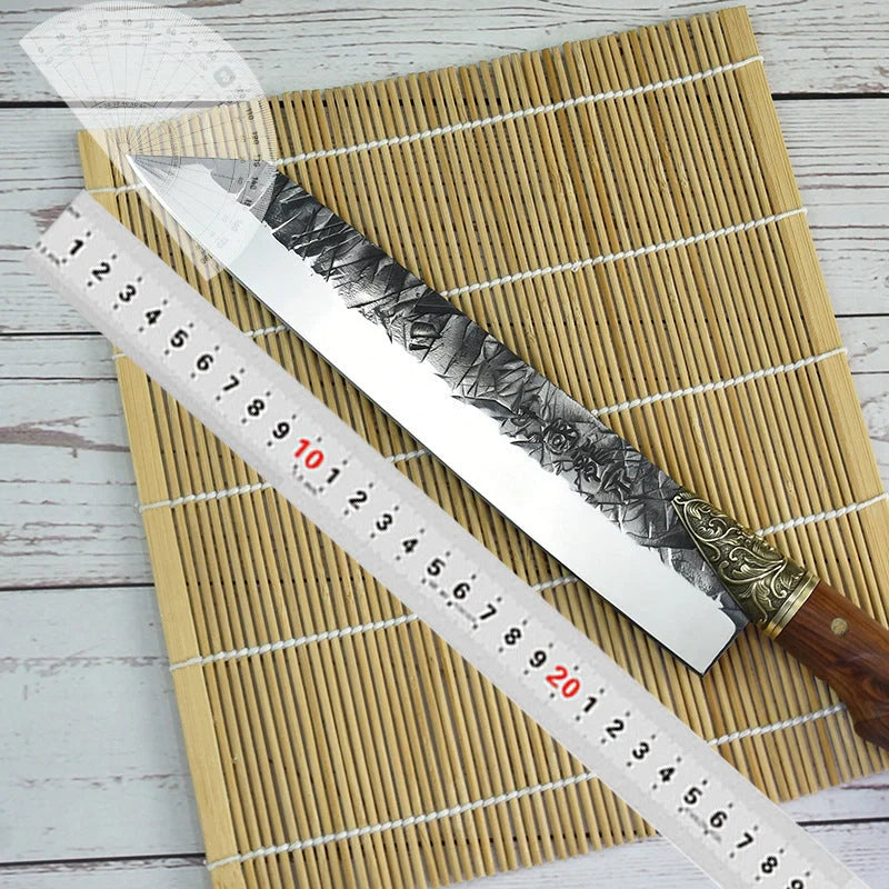 Hand-forged slicing knife with rosewood handle and pure copper guard