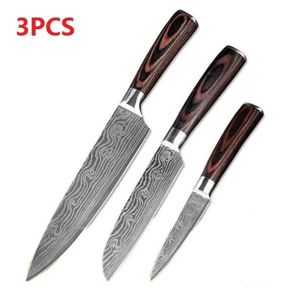 Premium 8-Piece Damascus Steel Kitchen Knife Set with Razor-Sharp Blades and Ergonomic Wooden Handles