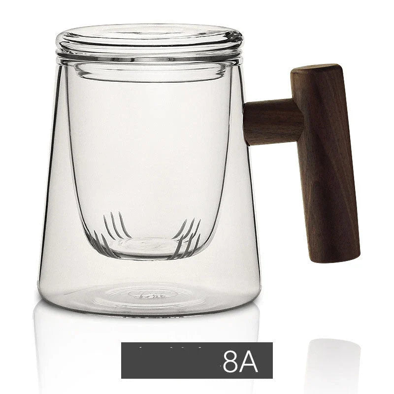 Premium borosilicate tea infuser cup with natural walnut handle, available in various sophisticated colour options