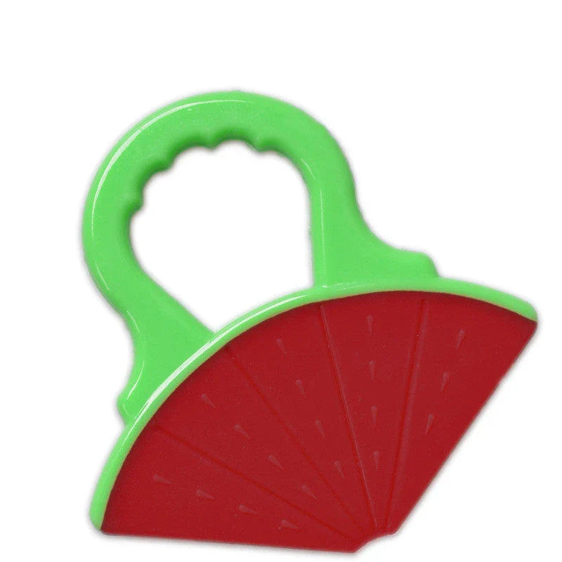 Soft silicone fruit-shaped teething toy for infants and toddlers to soothe sore gums during the teething process