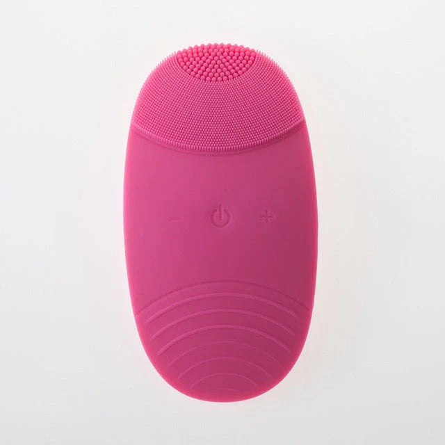 A rose red, ultrasound-powered facial cleansing device with adjustable gear positions for customised power and convenience.