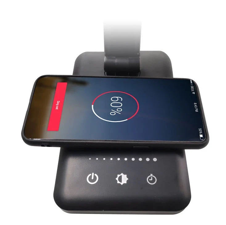 Premium wireless charging LED desk lamp with adjustable lighting, auto-timer, and foldable design for a customisable workspace