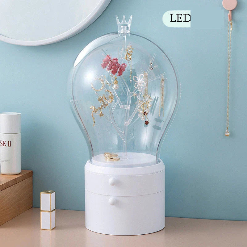 Stylish rotating jewellery storage box with LED lights, made of durable ABS plastic and featuring a soft, scratch-resistant lining
