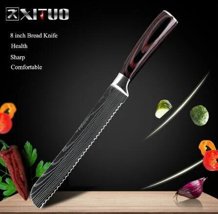 Premium 8-Piece Damascus Steel Kitchen Knife Set with Razor-Sharp Blades and Ergonomic Wooden Handles
