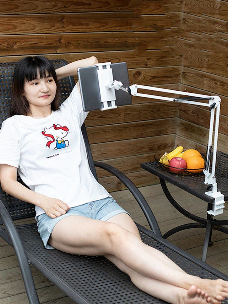 Versatile desktop phone and tablet holder with adjustable arm and 360-degree rotation for easy device positioning
