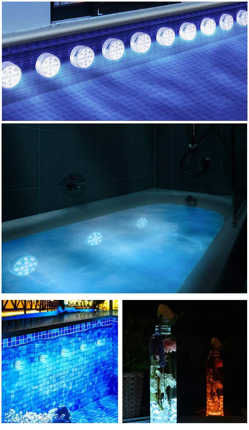 Wireless submersible LED lights with remote control, perfect for pools, spas, and outdoor decor